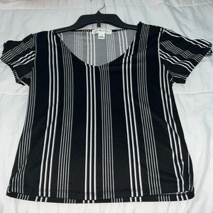 Black and white striped top, low circle cut.